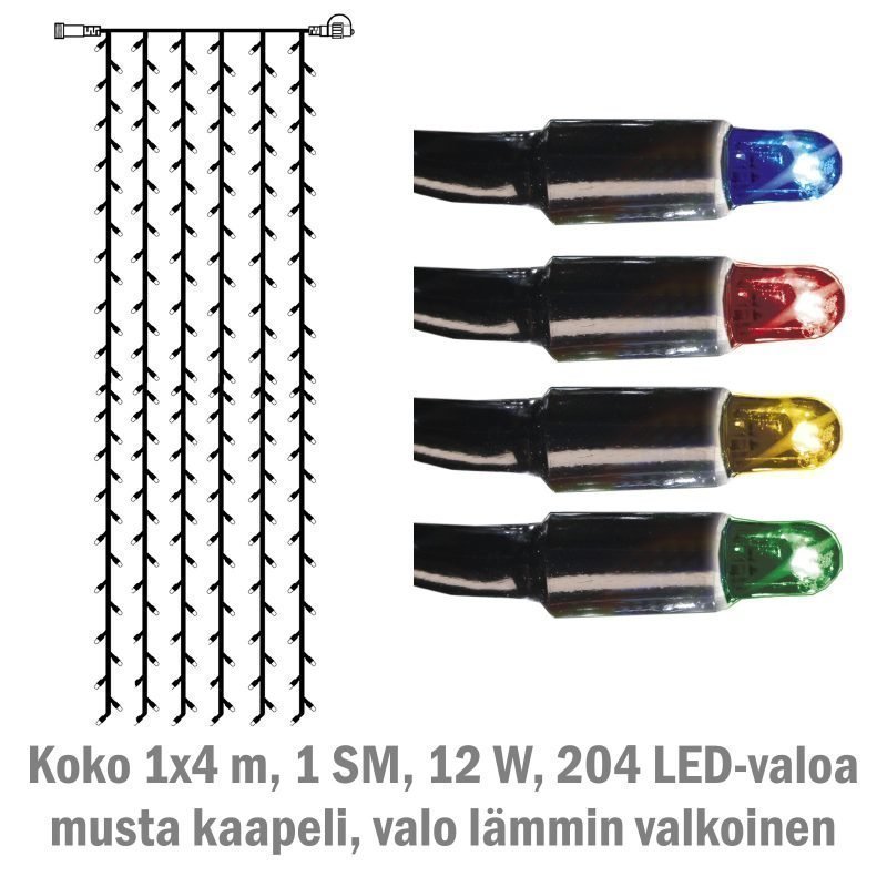 Valoverho System LED Extra musta 12W 204 valoa 1x4 m monivärinen